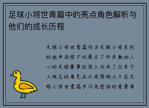 足球小将世青篇中的亮点角色解析与他们的成长历程